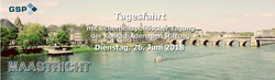Blick auf Maastricht mit Fluss und Brücke. Text: GSP Tagesfahrt, Konrad-Adenauer Sicherheitstagung, 26. Juni 2018.