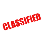 Roter, im Grunge-Stil gestempelter Schriftzug 'CLASSIFIED', schräg nach oben auf weißem Hintergrund.