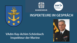 VAdm Kay-Achim Schönbach, Inspekteur der Marine, bei 'Inspekteure im Gespräch'. Inkl. Bundeswehr- und Marine-Logos.