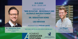 Veranstaltungsplakat zur Diskussion über die WM in Katar mit Dr. Sebastian Sons und Leo Wigger am 1. Nov. 2022.