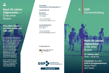 Flyer mit Soldatensilhouetten vor grünem Hintergrund, bewirbt den "GSP-Sicherheitsdialog: Nach 20 Jahren Afghanistan".