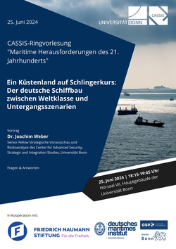 Plakat für einen Vortrag über den deutschen Schiffbau. Titel: Ein Küstenland auf Schlingerkurs, 25. Juni 2024.