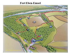 Illustrierte Karte von Fort Eben-Emael mit Bunkern, Gelände, Fluss und markiertem Rundweg mit nummerierten Stationen.
