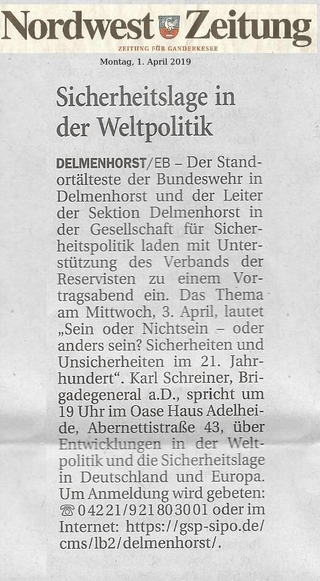 Zeitungsartikel: Vortrag 'Sicherheitslage in der Weltpolitik' von Brigadegeneral Karl Schreiner, 3. April 2019.