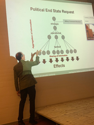 Ein Mann gestikuliert vor einer projizierten Folie, die ein Diagramm einer militärischen Befehlsstruktur zeigt.