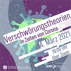 Poster für Online-Diskussion: Verschwörungstheorien in Zeiten von Corona, 4. März 2021, 19 Uhr, via Zoom.