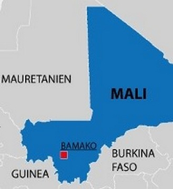 Politische Karte Malis in Blau, zeigt Hauptstadt Bamako und Nachbarländer Mauretanien, Guinea, Burkina Faso.