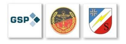 Drei Logos: GSP, ein Bundeswehr-Emblem mit Adler, Schwert und Anker, und ein Bundeswehr-Schild mit Eisernem Kreuz und Blitz 'S'.