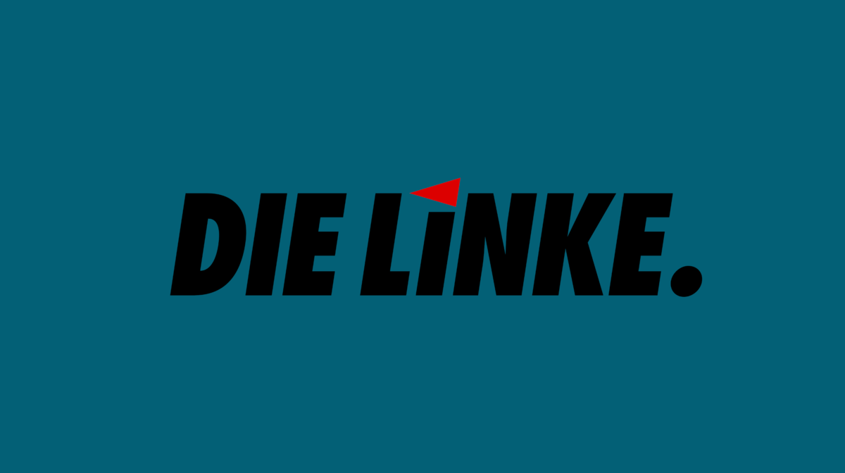 Logo der deutschen Partei DIE LINKE., Schriftzug in Schwarz auf Türkis mit rotem Dreieck statt Punkt im 'i'.