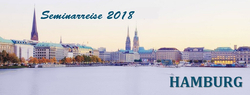 Panoramablick auf die Hamburger Skyline mit Michel, Rathaus und dem Text 'Seminarreise 2018 HAMBURG'.
