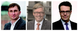 Drei professionelle Porträts von Männern, alle tragen Brillen und Geschäftskleidung, blicken in die Kamera.