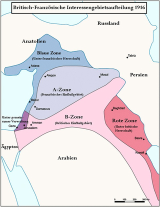 Karte des Nahen Ostens mit britischen und französischen Interessensphären und Herrschaftsgebieten (Sykes-Picot-Abkommen 1916).