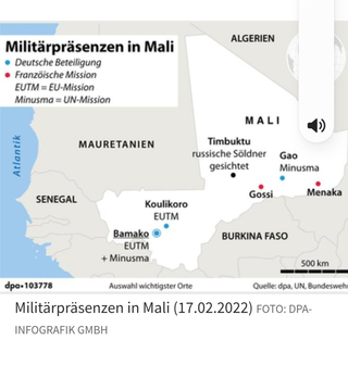 Karte: Militärpräsenzen in Mali (17.02.2022) mit deutscher, französischer, EU- und UN-Beteiligung, russischen Söldnern.