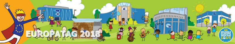 Cartoon-Illustration zum Europatag 2018 in Brüssel mit EU-Gebäuden, einem Superhelden und vielfältigen, aktiven Menschen.