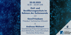Veranstaltung: Zivil- und Bevölkerungsschutz mit G. Friedsam (THW) & A. Wehnert (DRK). 25.05.2023, 18:30-20:00 Uhr.