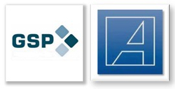 Zwei Logos: GSP (türkiser Text & blaue Quadrate) und ein weiß umrandetes 'A' auf blauem Quadrat, ähnlich einem Adobe-Symbol.