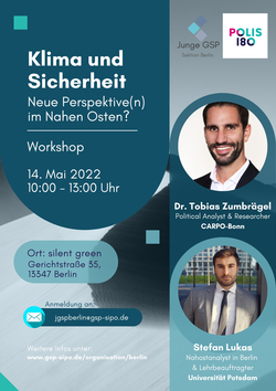 Plakat für den Workshop „Klima und Sicherheit“. Referenten Dr. Tobias Zumbrägel und Stefan Lukas. 14. Mai 2022, Berlin.