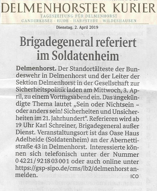 Zeitungsartikel des "Delmenhorster Kurier" vom 2. April 2019 mit der Überschrift "Brigadegeneral referiert im Soldatenheim".