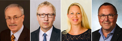 Vier professionelle Porträts: ein Mann mit Schnurrbart, ein Mann mit Brille, eine blonde Frau und ein weiterer Mann mit Brille.