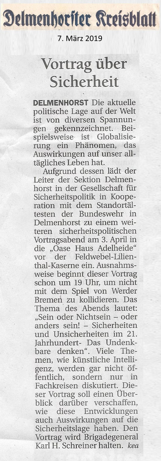 Zeitungsartikel "Delmenhorster Kreisblatt" (7. März 2019) über einen Vortrag zu Sicherheit, Globalisierung und KI.