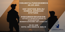 Veranstaltungshinweis: Podiumsdiskussion zu Afghanistan von GSP Berlin/Konrad-Adenauer Stiftung, mit Soldatensilhouetten bei Sonnenuntergang.