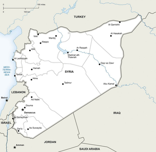 Politische Karte Syriens mit seinen Großstädten, Verwaltungsgliederungen und Nachbarländern wie Türkei, Irak, Jordanien.