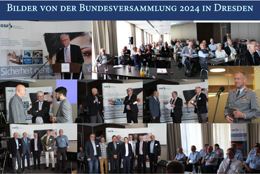 Vielfältige Eindrücke der GSP Bundesversammlung 2024 in Dresden: Redner, Publikum, Gruppenbilder und Militärvertreter.