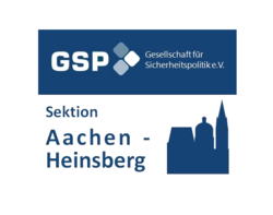 Logo der GSP Gesellschaft für Sicherheitspolitik e.V., Sektion Aachen-Heinsberg, mit Stadtsilhouette.