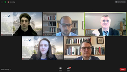 Zoom-Videokonferenz mit fünf Teilnehmern: Mirco Giannini, Dr. Wolfram Lacher, Wolfgang Pusztal, Cezara Löhnert, Roderich Kiesewetter.