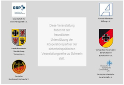 Logos und Namen der Kooperationspartner der sicherheitspolitischen Veranstaltungsreihe in Schwerin.