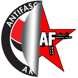 Antifa-Aktions-Logo, das einen roten Stern mit 'AF' und einer Maschinenpistole enthüllt.