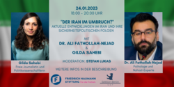 Veranstaltungsplakat: "Der Iran im Umbruch?", mit Dr. Ali Fathollah-Nejad und Gilda Sahebi, 24.01.2023.
