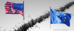 US- und EU-Flaggen, getrennt durch einen tiefen Riss im Boden, der eine wachsende Spaltung symbolisiert.