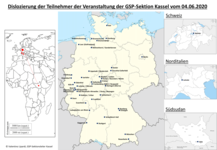 Karte der Teilnehmerstandorte für ein GSP-Kassel-Event am 04.06.2020 in Deutschland, Schweiz, Norditalien und Südsudan.
