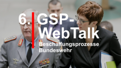 Text '6. GSP-WebTalk Beschaffungsprozesse Bundeswehr' über einem General und einer Politikerin.