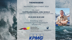 Einladung zum Themenabend Indopacific Deployment 2024 mit Flottillenadmiral Axel Schulz (23.01.2025). Mit Foto, Marinebund & KPMG Logos.
