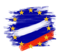 Pinselstrich-Flagge, die EU-Sterne und Russlands weiß-blau-rote Streifen auf blauem Grund vereint.