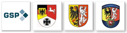 GSP-Logo und offizielle deutsche Embleme, einschließlich Staatssymbole für Niedersachsen und die Polizei Goslar.