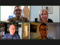 Screenshot einer Videokonferenz mit vier lächelnden Teilnehmern: Valentino Lipardi, Christina Moritz, Richard Rohde und Jan Landwer.