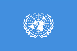 Flagge der Vereinten Nationen (UN) mit weißem Globus und Olivenzweigen auf hellblauem Hintergrund.