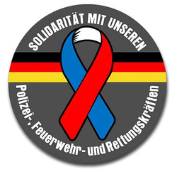 Emblem zur Solidarität mit Polizei, Feuerwehr & Rettungskräften; blau-rotes Band auf Deutschlandfarben.