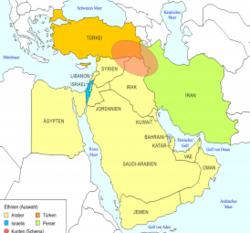 Karte des Nahen Ostens mit Verteilung ethnischer Gruppen: Araber, Türken, Israelis, Perser und Kurden.
