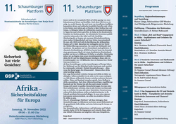 Flyer für das 11. Schaumburger Plattform Event: 'Afrika – Sicherheitsfaktor für Europa' mit Afrikakarte und Programm.