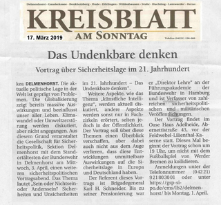 Zeitungsausschnitt: KREISBLATT AM SONNTAG, 17. März 2019. Überschrift: 'Das Undenkbare denken'. Vortrag über die Sicherheitslage im 21. Jahrhundert.