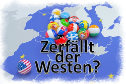 Karte Europas mit Flaggenkugeln vieler westlicher Länder, darunter die USA, und der Frage: Zerfällt der Westen?