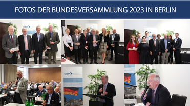 Fotocollage der GSP-Bundesversammlung 2023 in Berlin mit Preisverleihungen, Gruppenfotos und Konferenzdiskussionen.