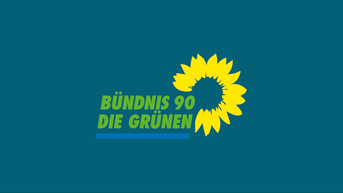 Logo der deutschen politischen Partei Bündnis 90/Die Grünen, mit grünem Text 'BÜNDNIS 90 DIE GRÜNEN' und einer gelben Sonnenblume auf blaugrünem Hintergrund.