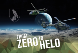 Zwei Militärhubschrauber fliegen über einer Mondlandschaft mit Erde im Hintergrund und einem Wappen. Text: 'FROM ZERO TO HELO'.
