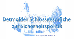 Schriftzug 'Detmolder Schlossgespräche zur Sicherheitspolitik' über einer hellblauen Schloss- und Baumsilhouette.