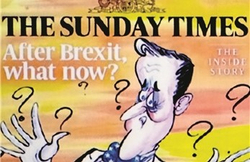 Die Titelseite der Sunday Times: Schlagzeile 'After Brexit, what now?' mit verwirrter Karikatur und Fragezeichen.